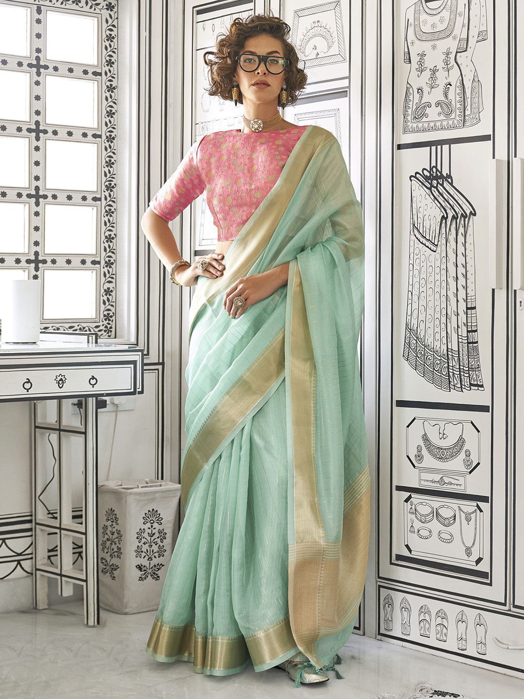 

Mitera Striped Zari Pure Chiffon Banarasi Saree, Turquoise blue