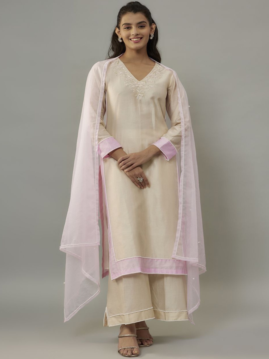 

The Aarya Yoke Design Regular Chanderi Cotton Straight Kurta with Palazzos & With Dupatta, Beige