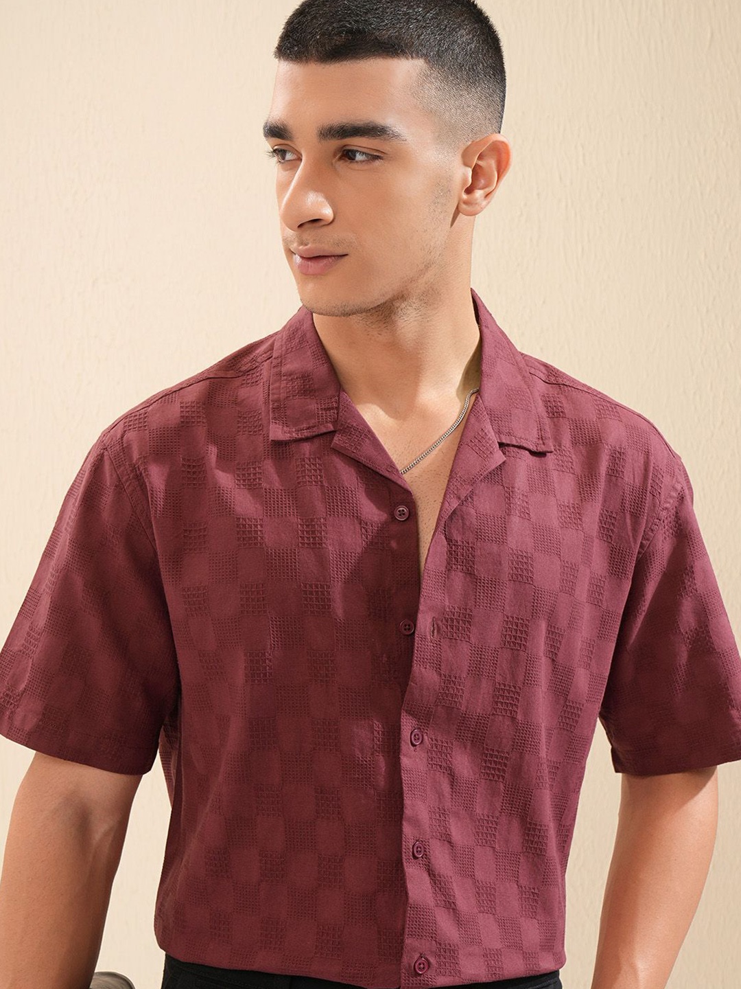 

Highlander Men Dobby Textured Solid Cuban Collar Relaxed Shirt, Maroon