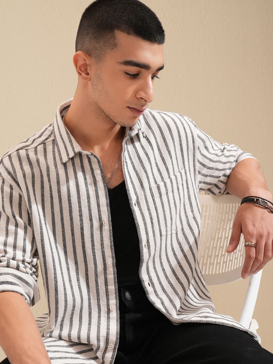 

Highlander Men Cream. Textured Dobby Striped Relaxed Shirt