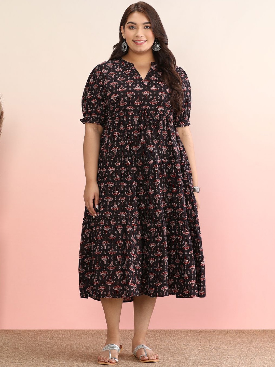 

anayna Printed Cotton Fit & Flared Midi Dress, Black