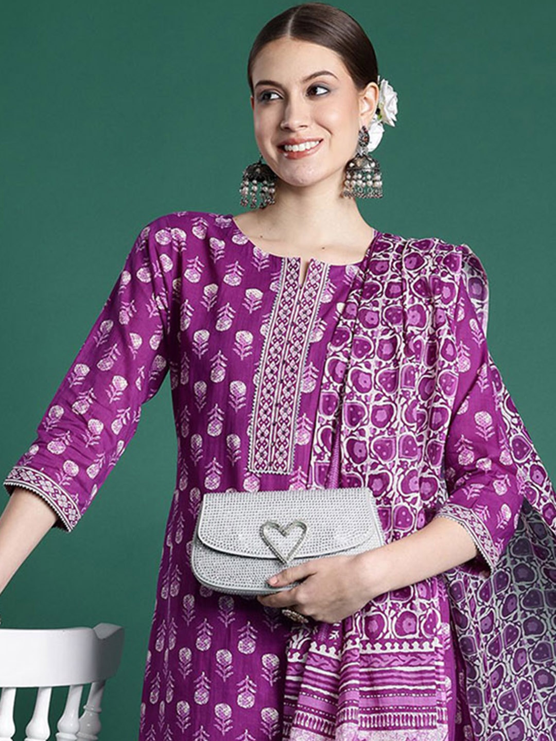 

Anouk Women Floral Printed Regular Mirror Work Pure Cotton Kurta with Trousers & With Dupatta, Purple
