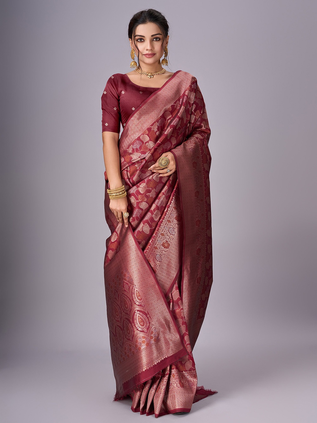 

Sanwariya Silk Woven Design Zari Jute Silk Kanjeevaram Saree, Maroon