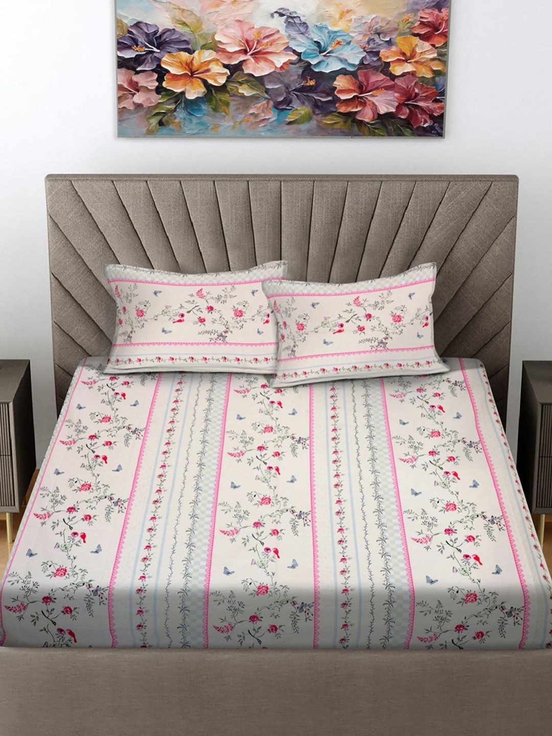 

FABINALIV Beige & Green Floral 300 TC King Bedsheet With 2 Pillow Covers