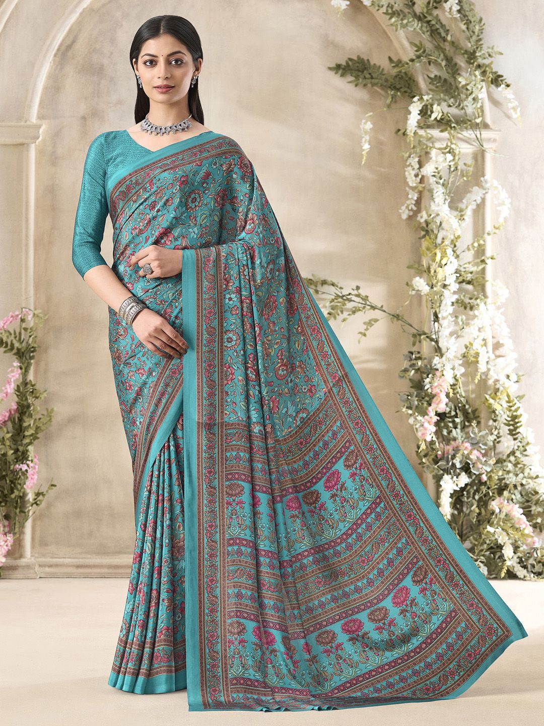 

Mitera Floral Poly Crepe Bagru Saree, Blue