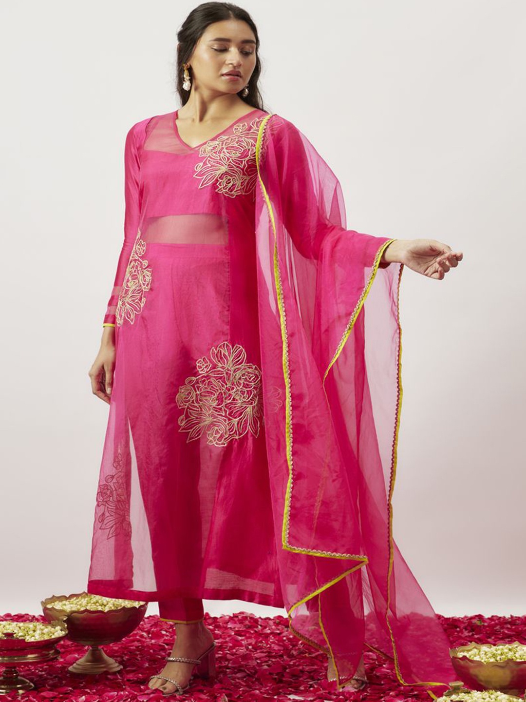 

The Aarya Ethnic Motifs Chanderi Cotton Straight Kurta with Trousers & With Dupatta, Pink