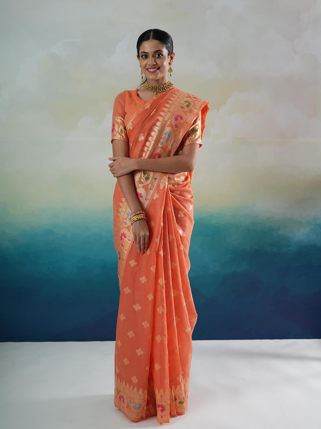 

Dori Woven Design Zari Silk Blend Banarasi Saree, Orange