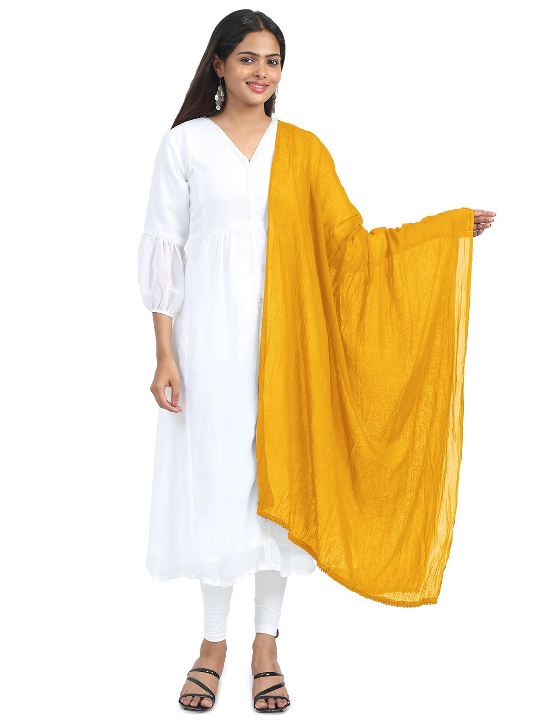 

MIRAAN Cotton Dupatta with PomPom Border, Yellow