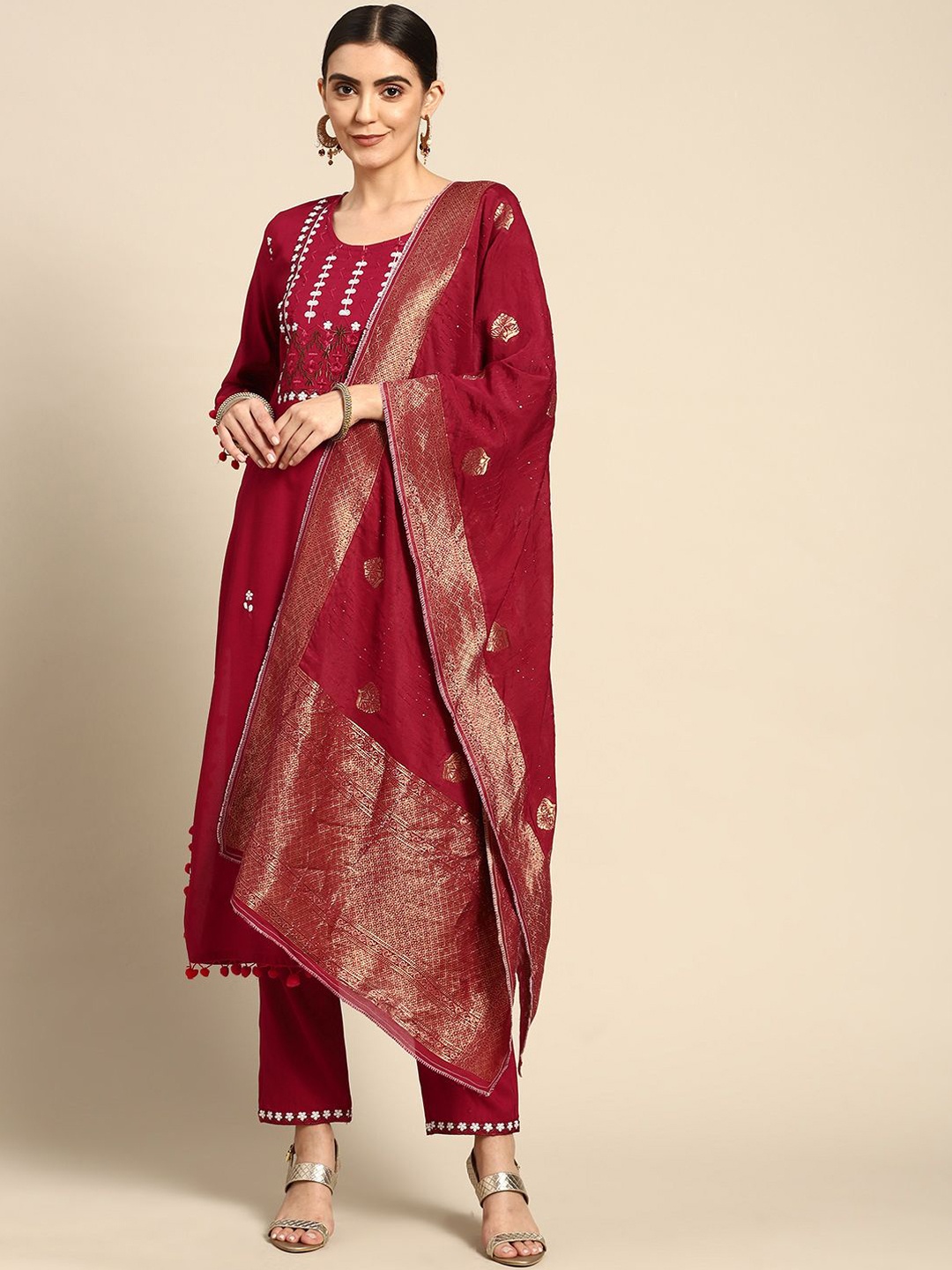 

IndigoFerry Women Embroidered Regular Kurta with Trousers & With Dupatta, Red