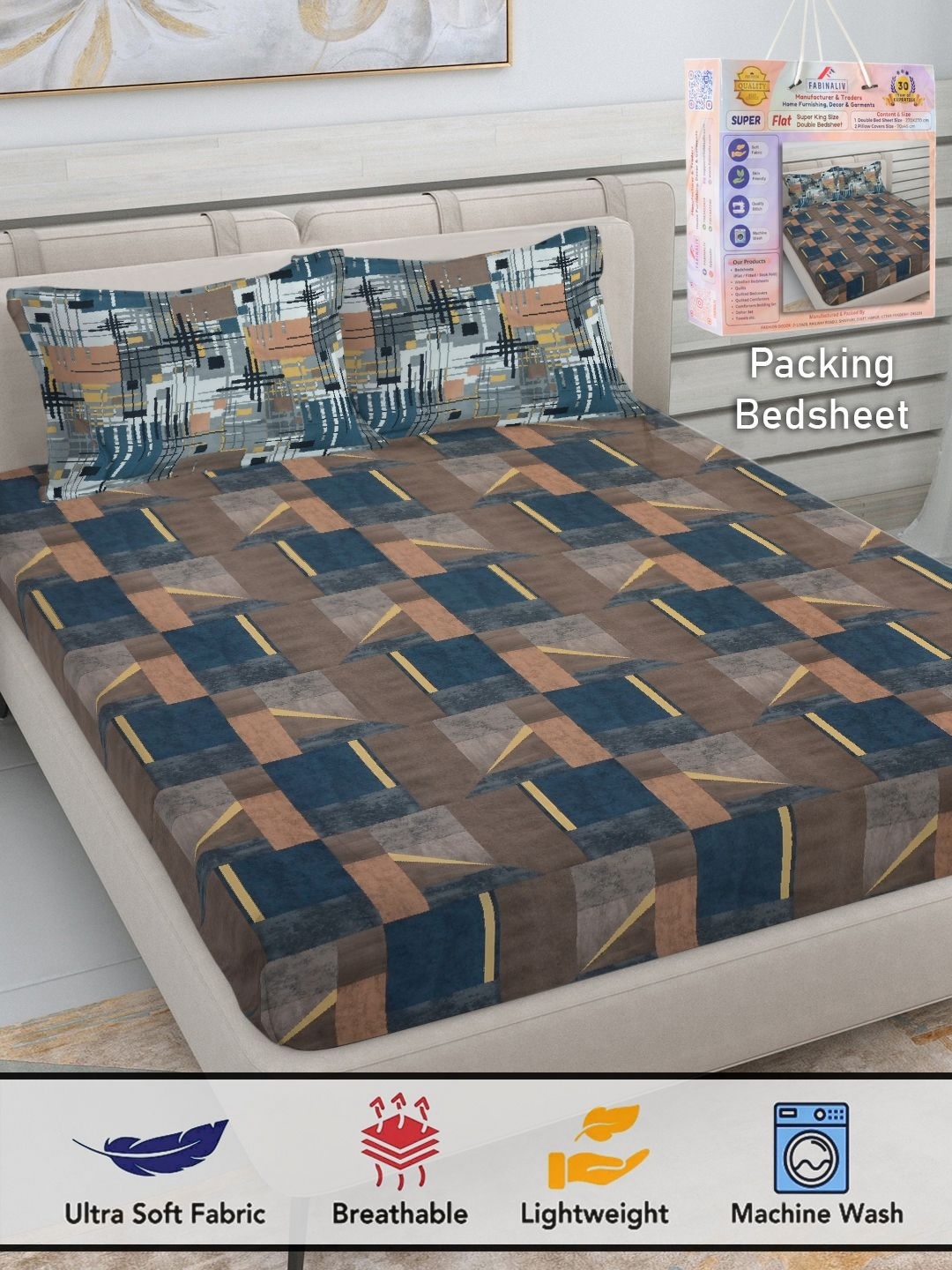 

FABINALIV Brown & Blue Geometric 300 TC King Bedsheet with 2 Pillow Covers