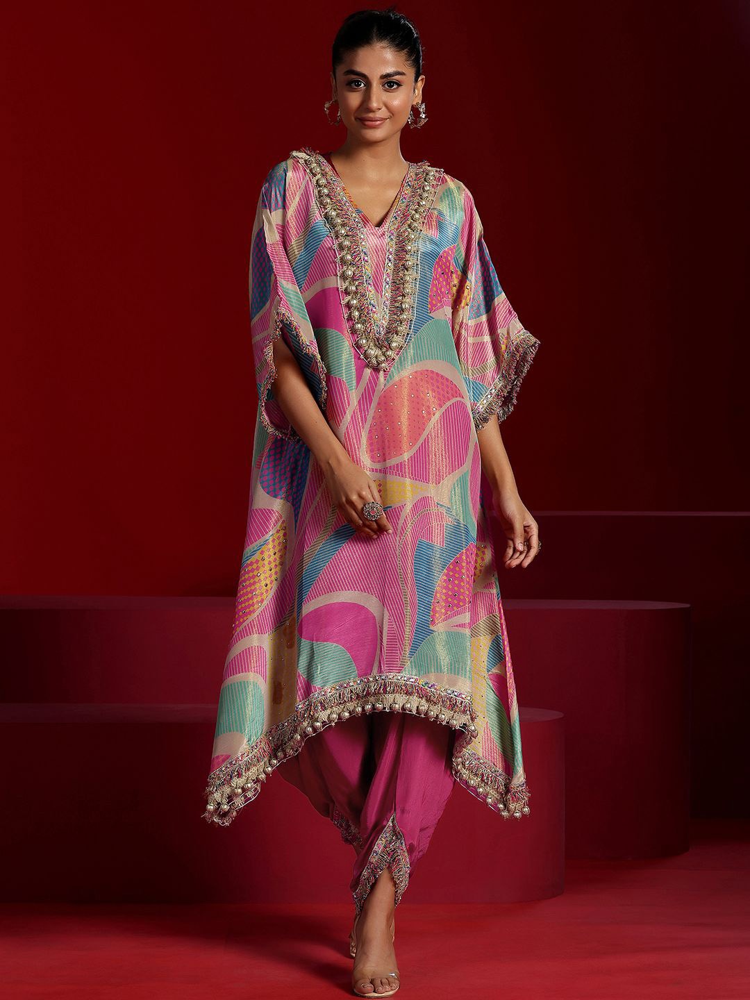 

Libas Art Abstract Beads & Stones A-Line Kurta with Dhoti Pants & Kimono Sleeves Cover Up, Pink