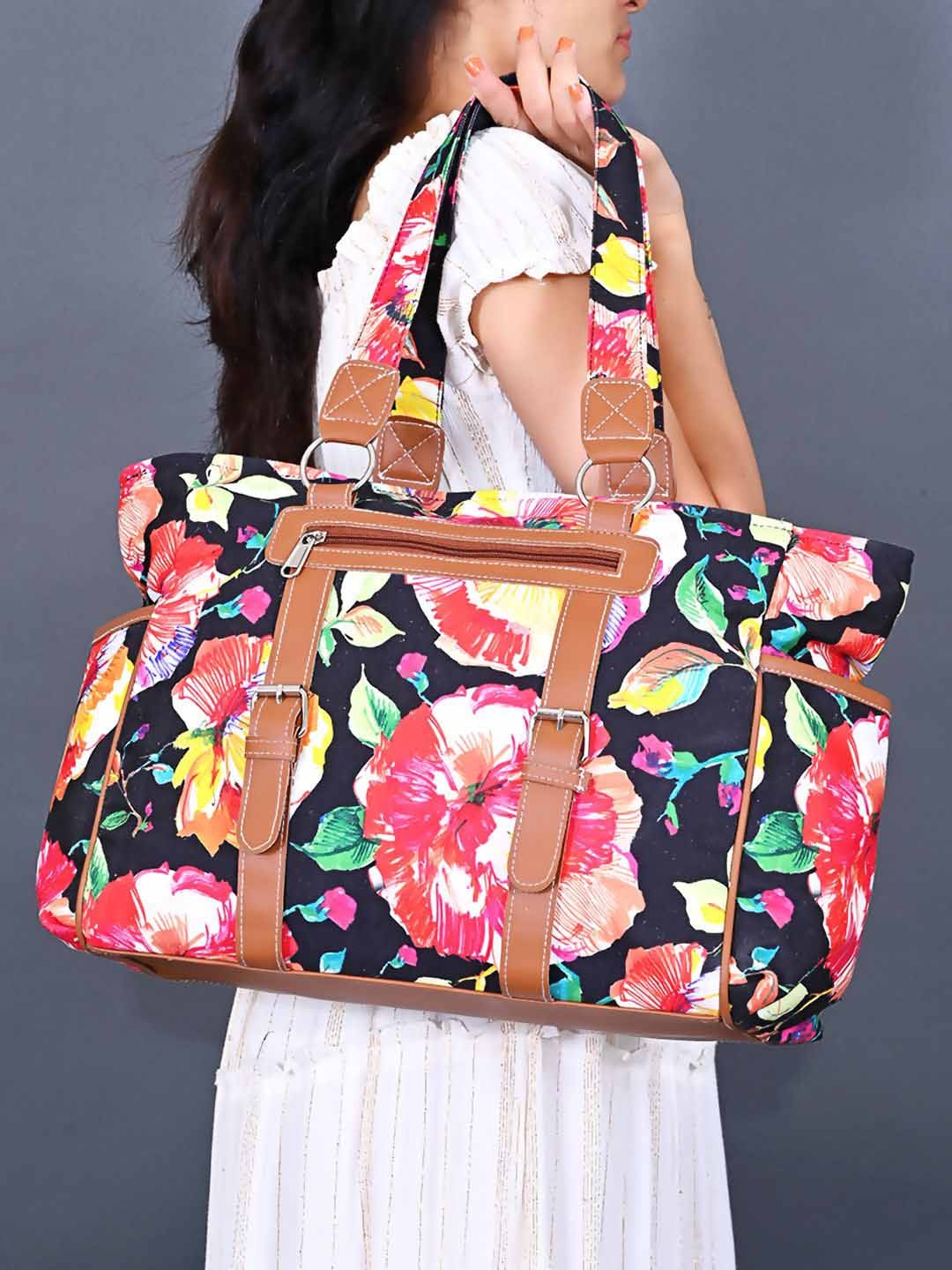 

BohoGirl Floral Printed Oversized Cotton Shopper Tote Bag, Black