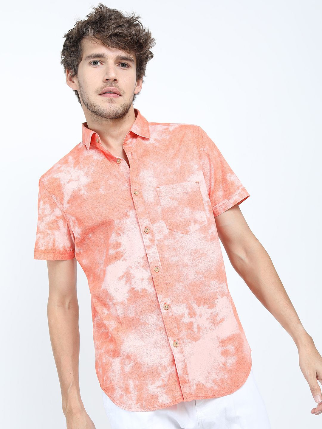 

HIGHLANDER Men Slim Fit Opaque Printed Casual Shirt, Orange