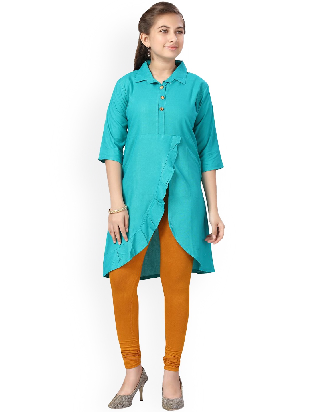 

BAESD Girls Shirt Collar Cotton Asymmetric A-Line Kurta, Turquoise blue