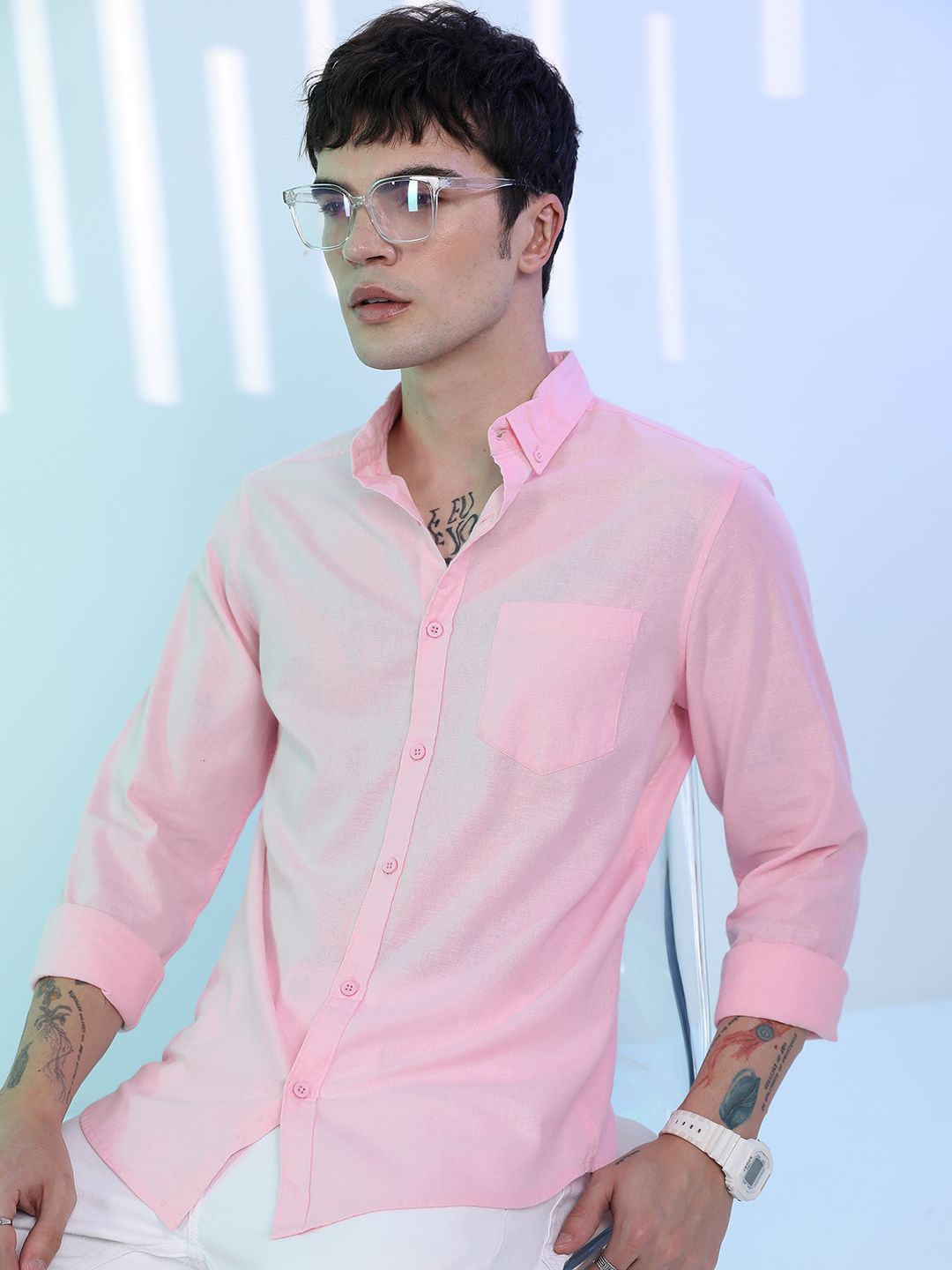 

HIGHLANDER Men Slim Fit Opaque Striped Casual Shirt, Pink