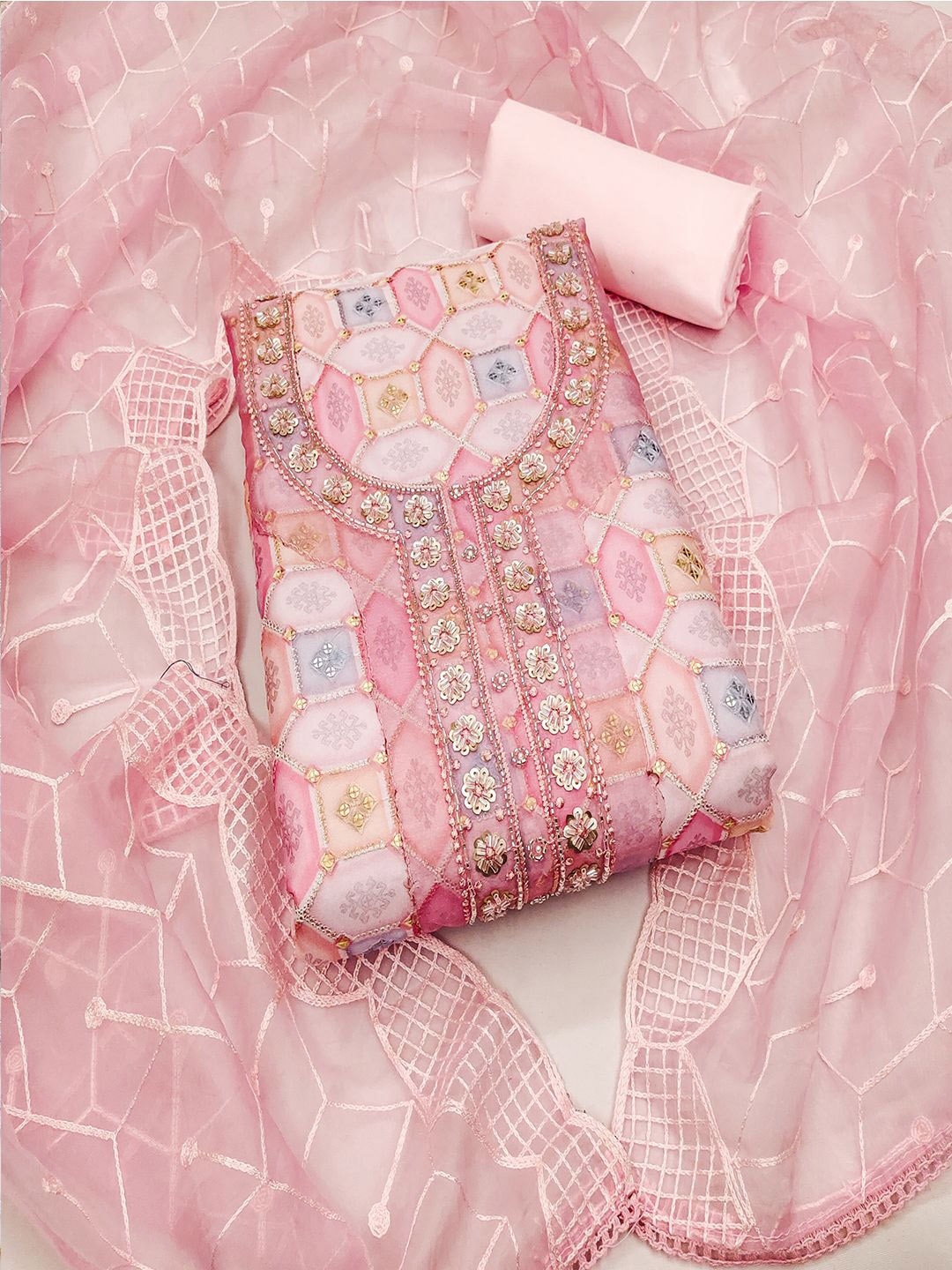 

Lilots Organza Unstitched Dress Material, Pink