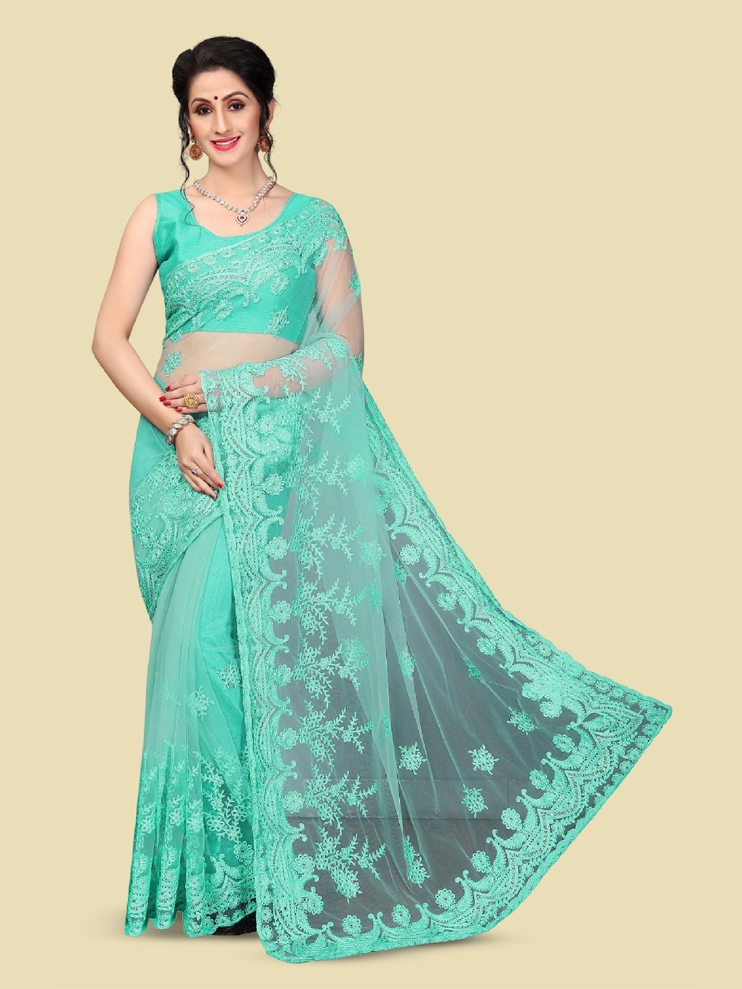 

APNISHA Ethnic Motifs Embroidered Net Saree, Blue