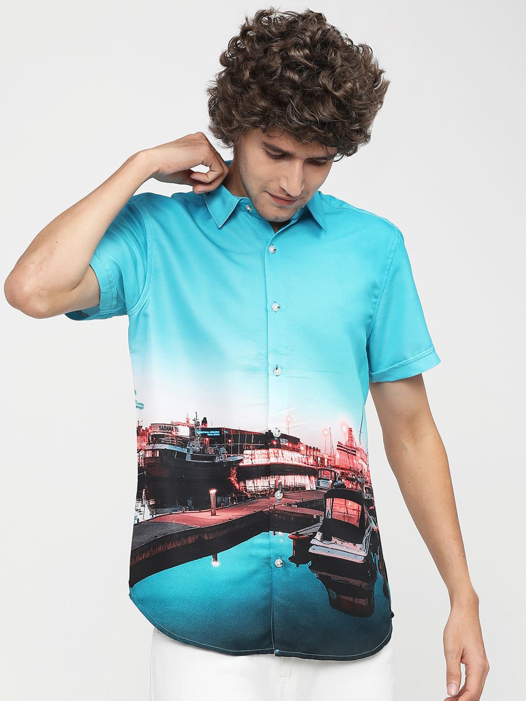 

HIGHLANDER Men Slim Fit Opaque Printed Casual Shirt, Blue