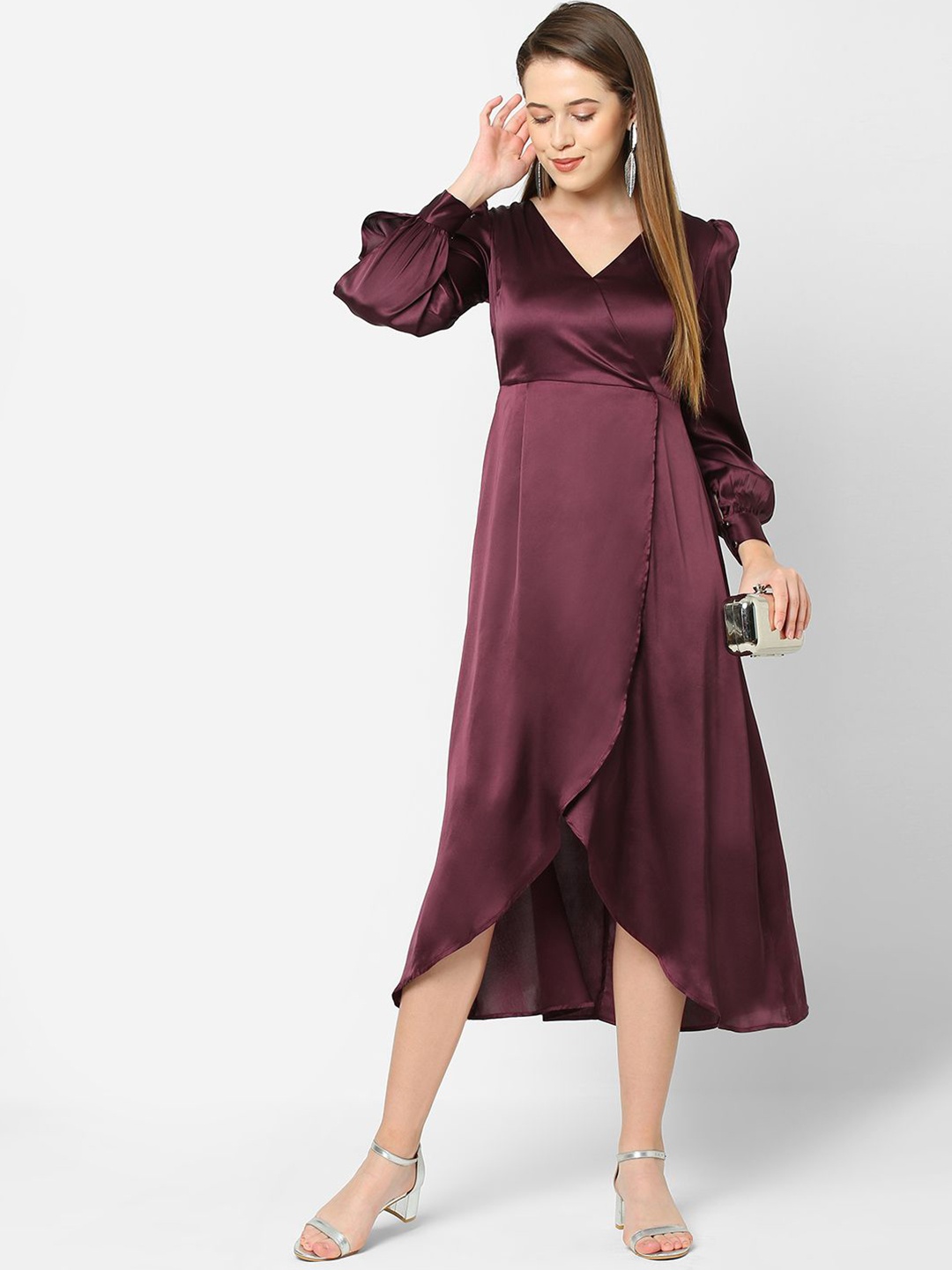 

MISH Puff Sleeve Layered Satin Midi Dress, Maroon