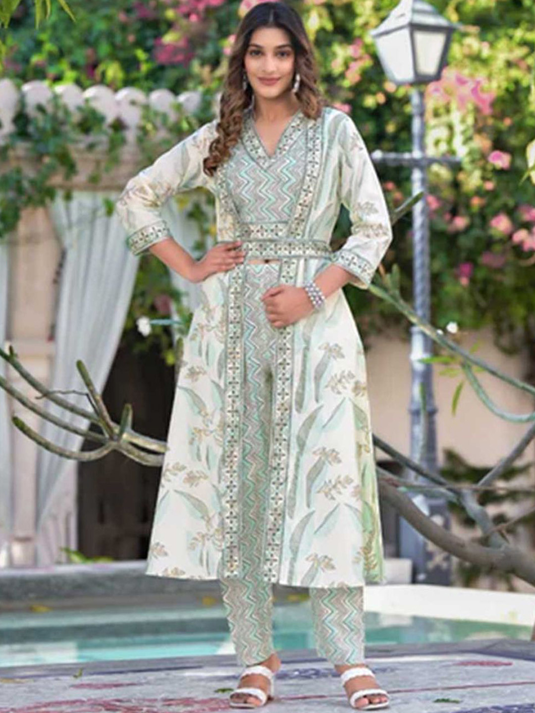 

ARAVALII Zig Zag Printed V-Neck Pure Cotton Top With Shrug & Trousers, Teal