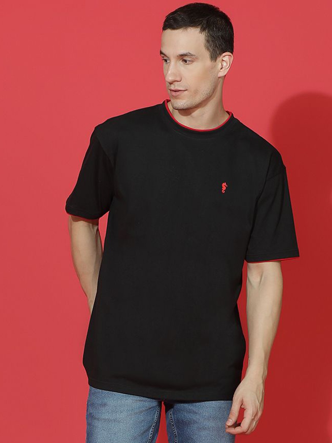 

EPPE Men Anti Odour Solid Round Neck Cotton Oversized T-Shirt, Black