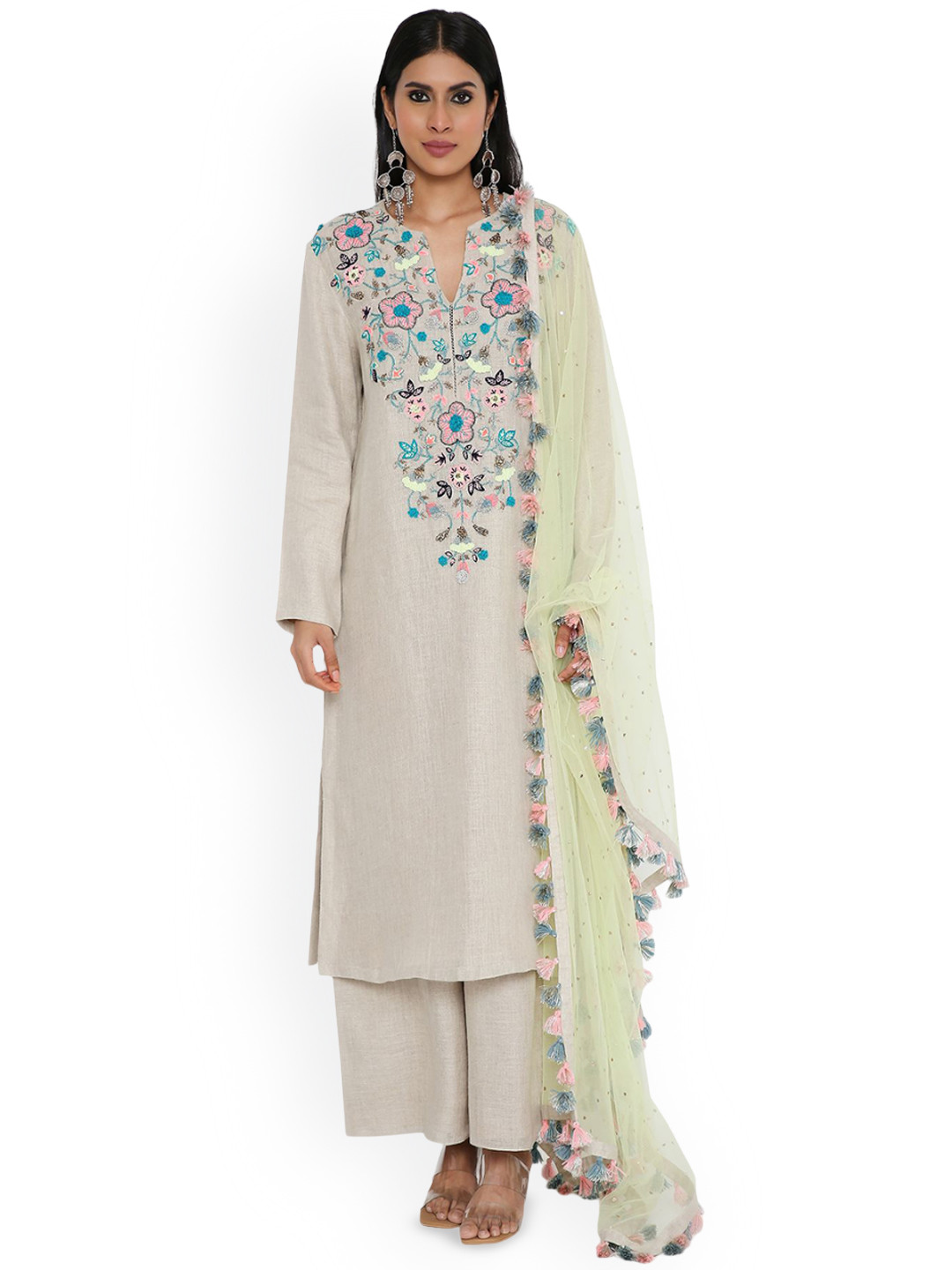 

Payal Singhal Floral Yoke Design Thread Work Regular Kurta With Palazzo, Grey