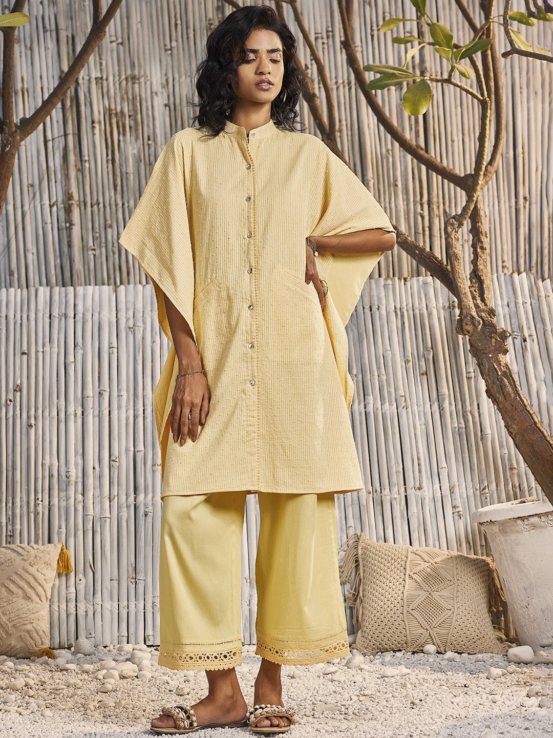 

charkhee Self Design Mandarin Collar Flared Sleeves Pure Cotton Kaftan Kurta with Pyjama, Yellow