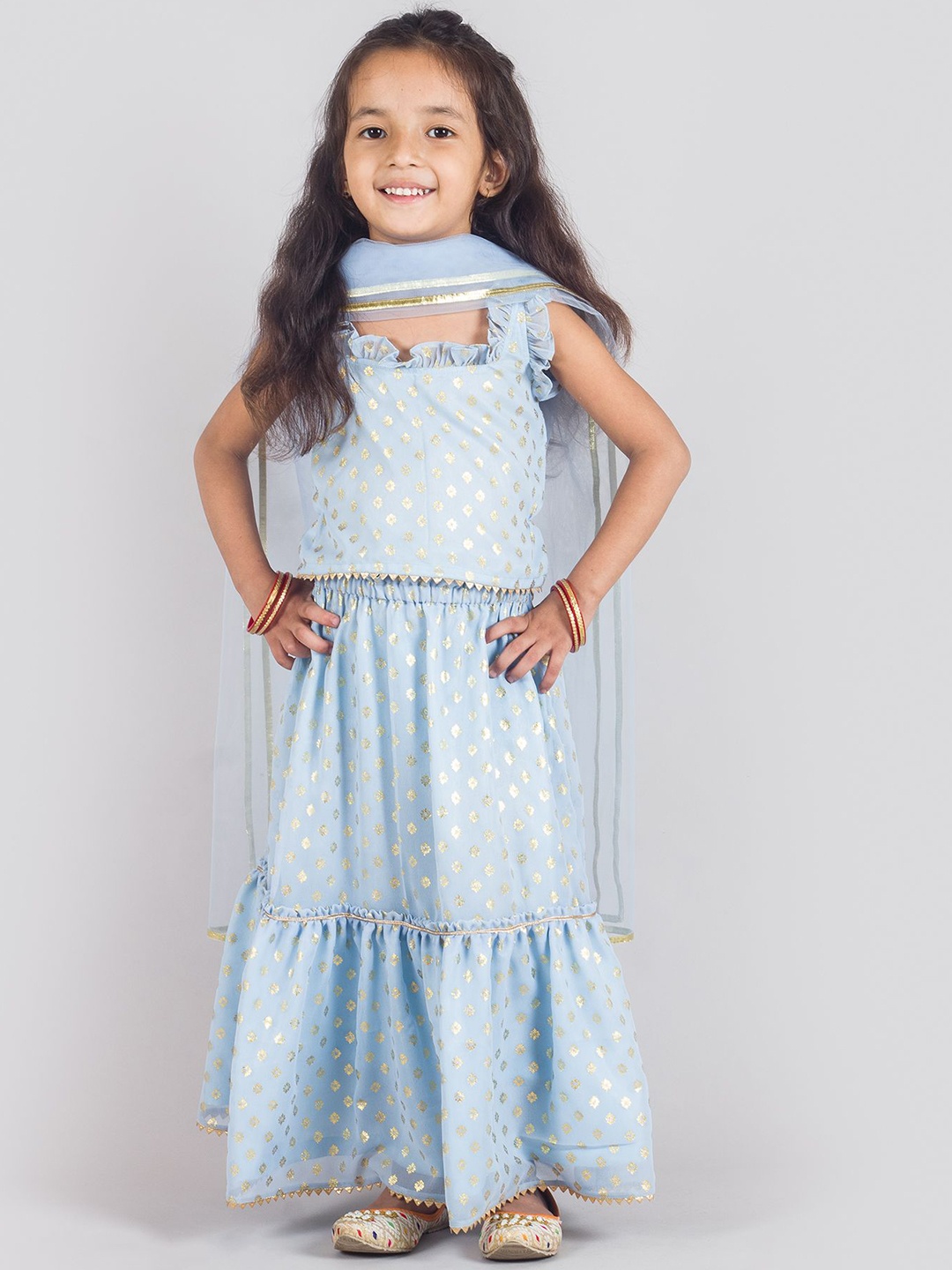 

Tangerine Closet Girls Printed Square Neck Peplum Top With Sharara & Dupatta, Blue