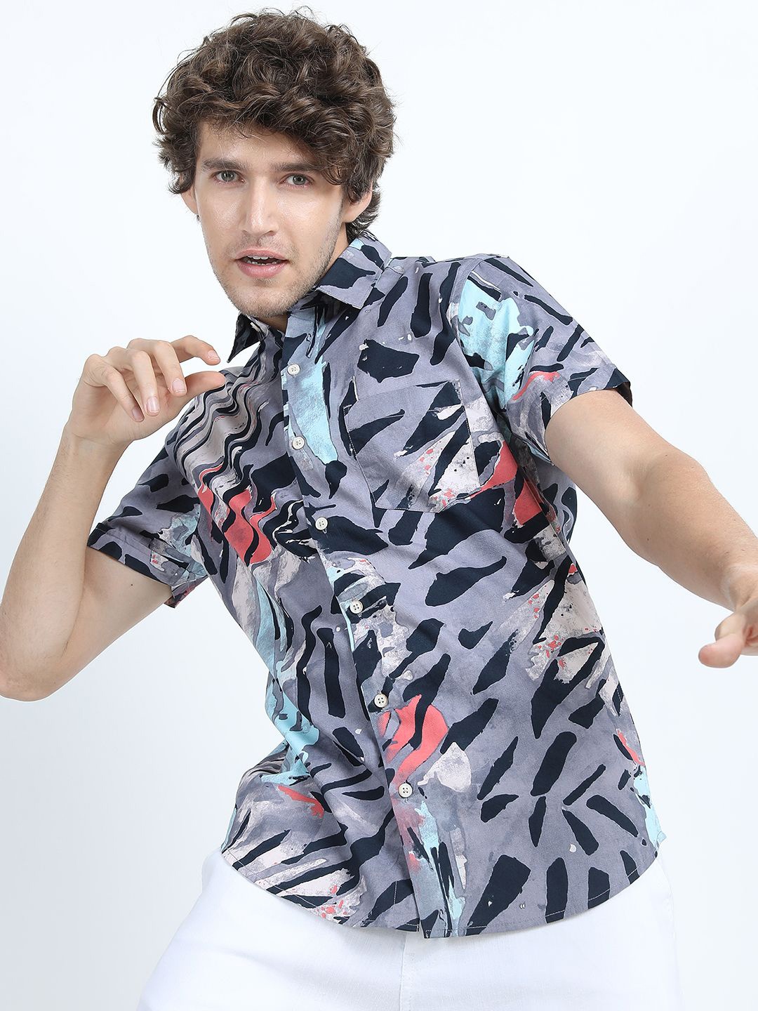 

HIGHLANDER Men Slim Fit Opaque Printed Casual Shirt, Grey