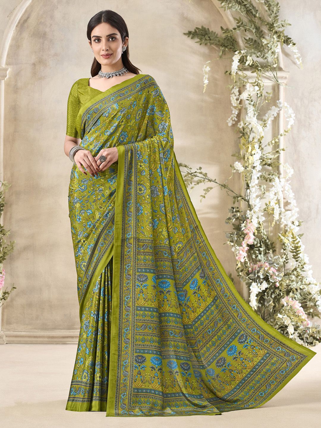 

Mitera Floral Poly Crepe Bagru Saree, Green