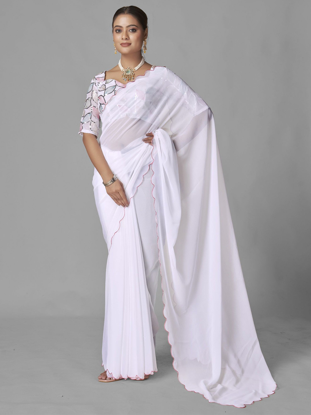 

JULEE Embroidered Pure Georgette Saree, White