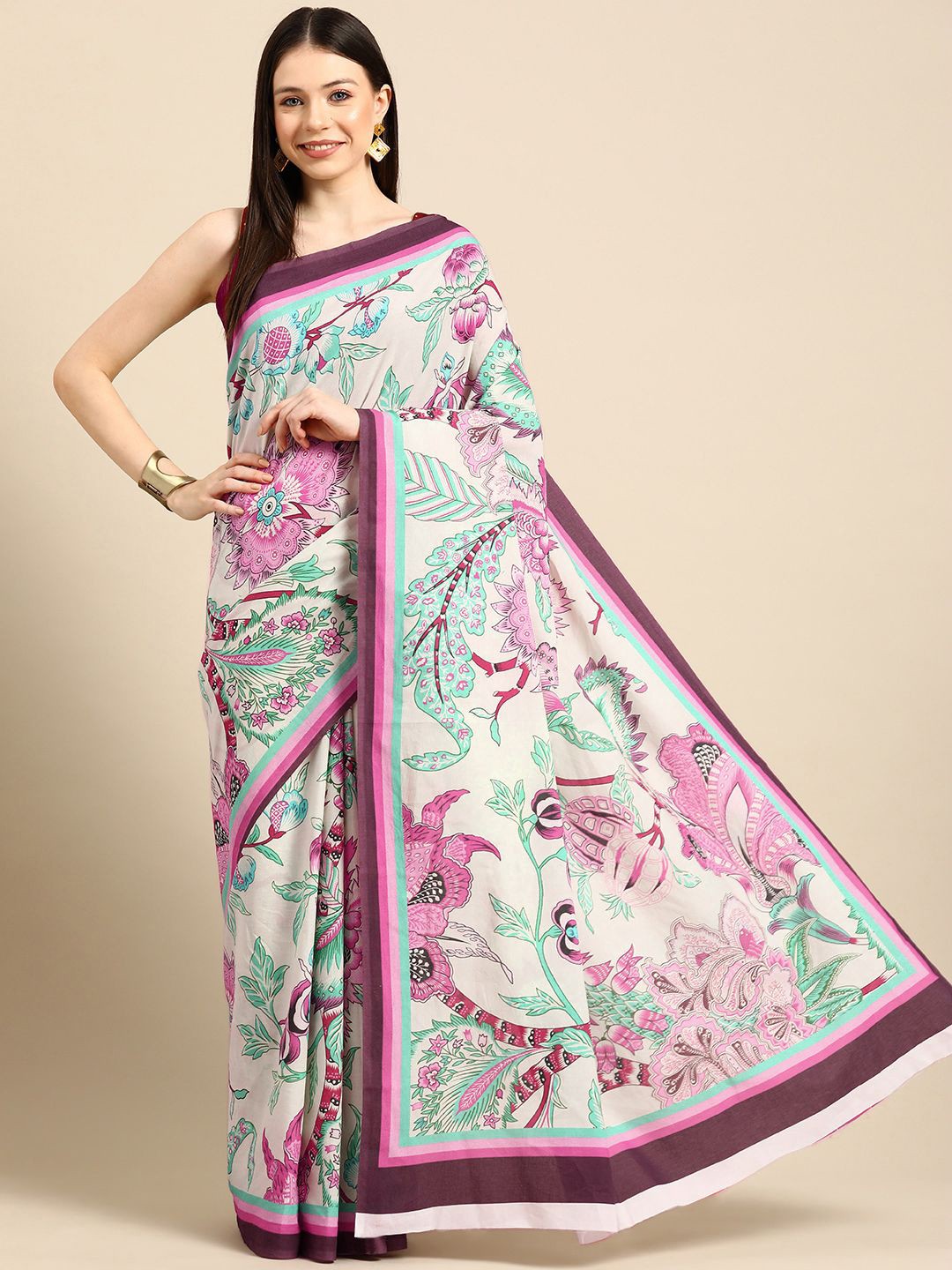

BUTA BUTI Floral Pure Cotton Saree, Pink