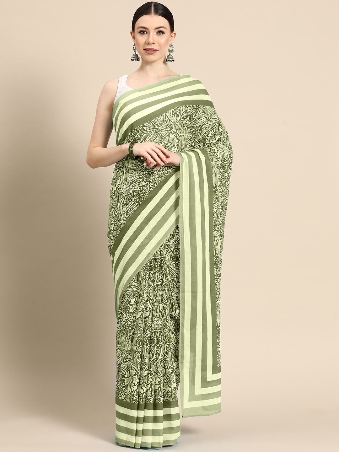 

BUTA BUTI Floral Pure Cotton Saree, Lime green
