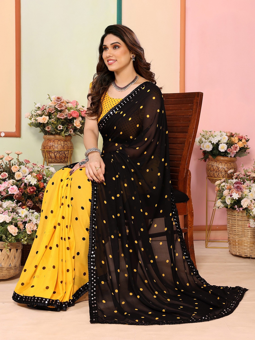 

Ambuja International Polka Dot Sequinned Poly Georgette Half and Half Saree, Yellow