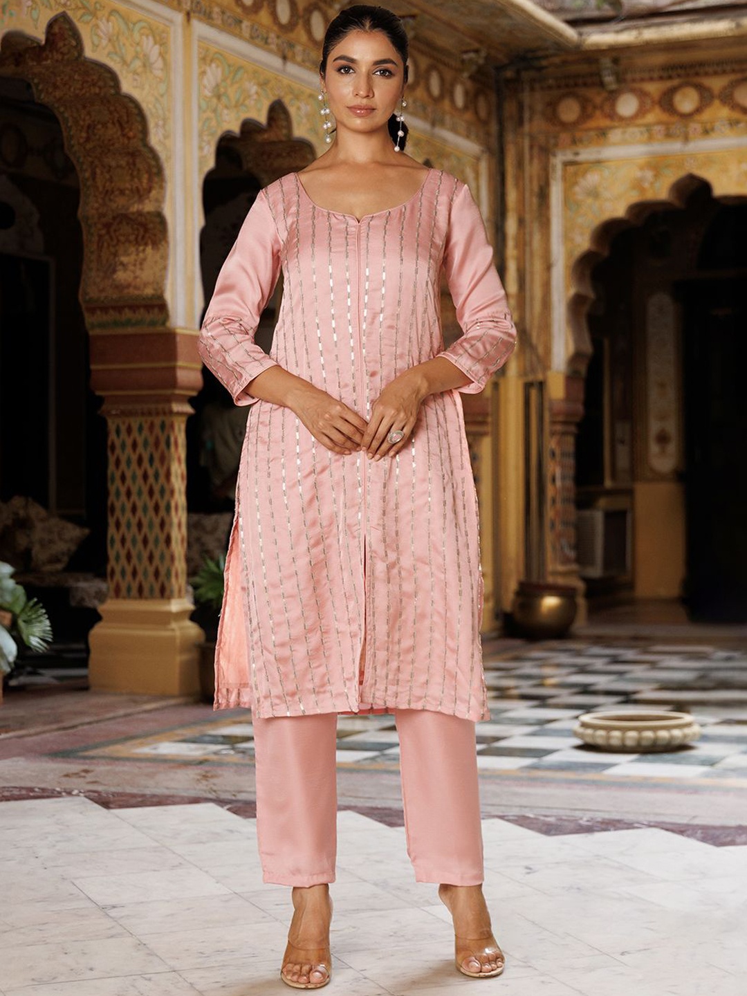 

Ragavi Embellished Regular Sequinned Kurta With Trousers, Pink