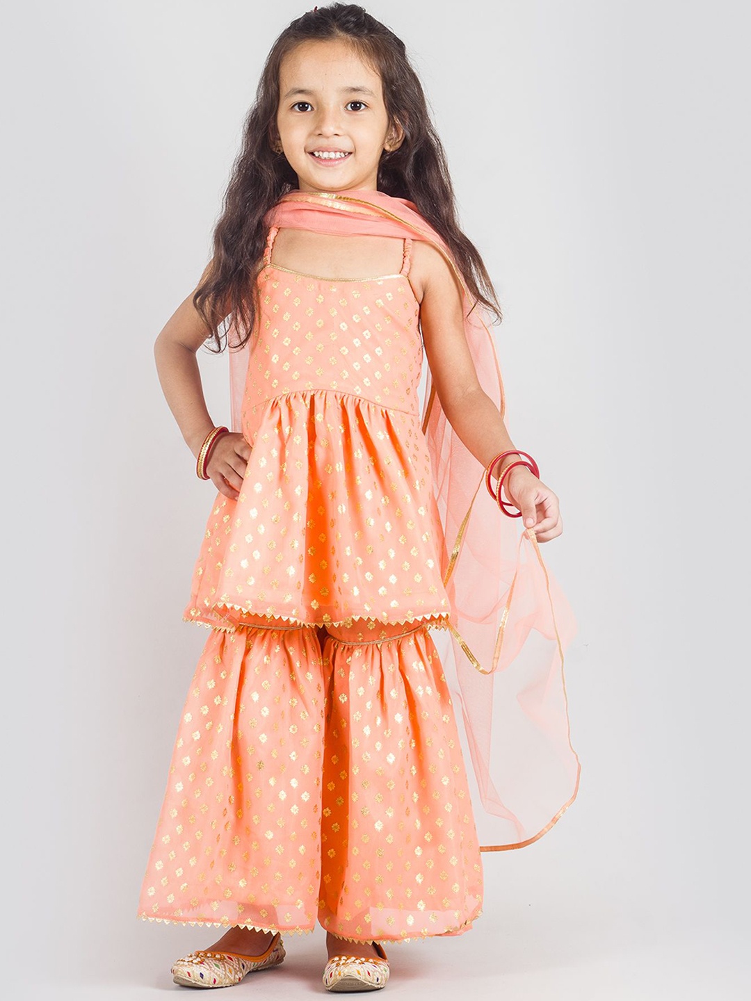 

Tangerine Closet Girls Printed Shoulder Straps Peplum Top With Sharara & Dupatta, Peach