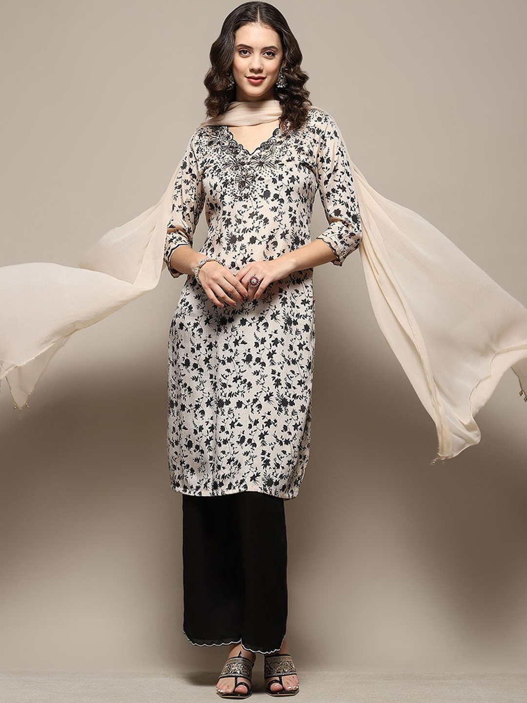 

Biba Floral Printed V-Neck Thread Work Straight Kurta With Palazzos & Dupatta, Beige