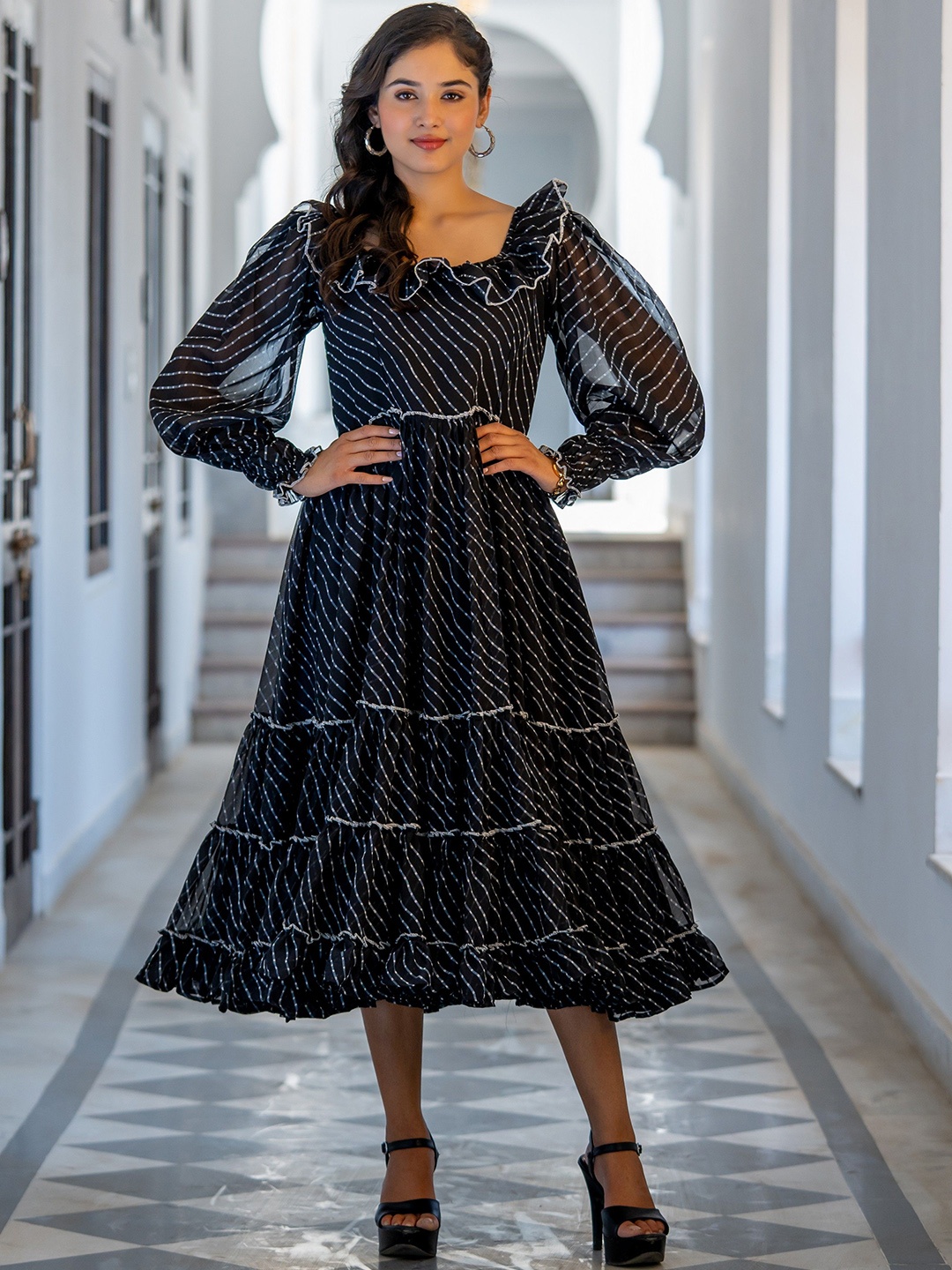 

ASPORA Printed Puff Sleeves Fit & Flare Midi Ethnic Dress, Black