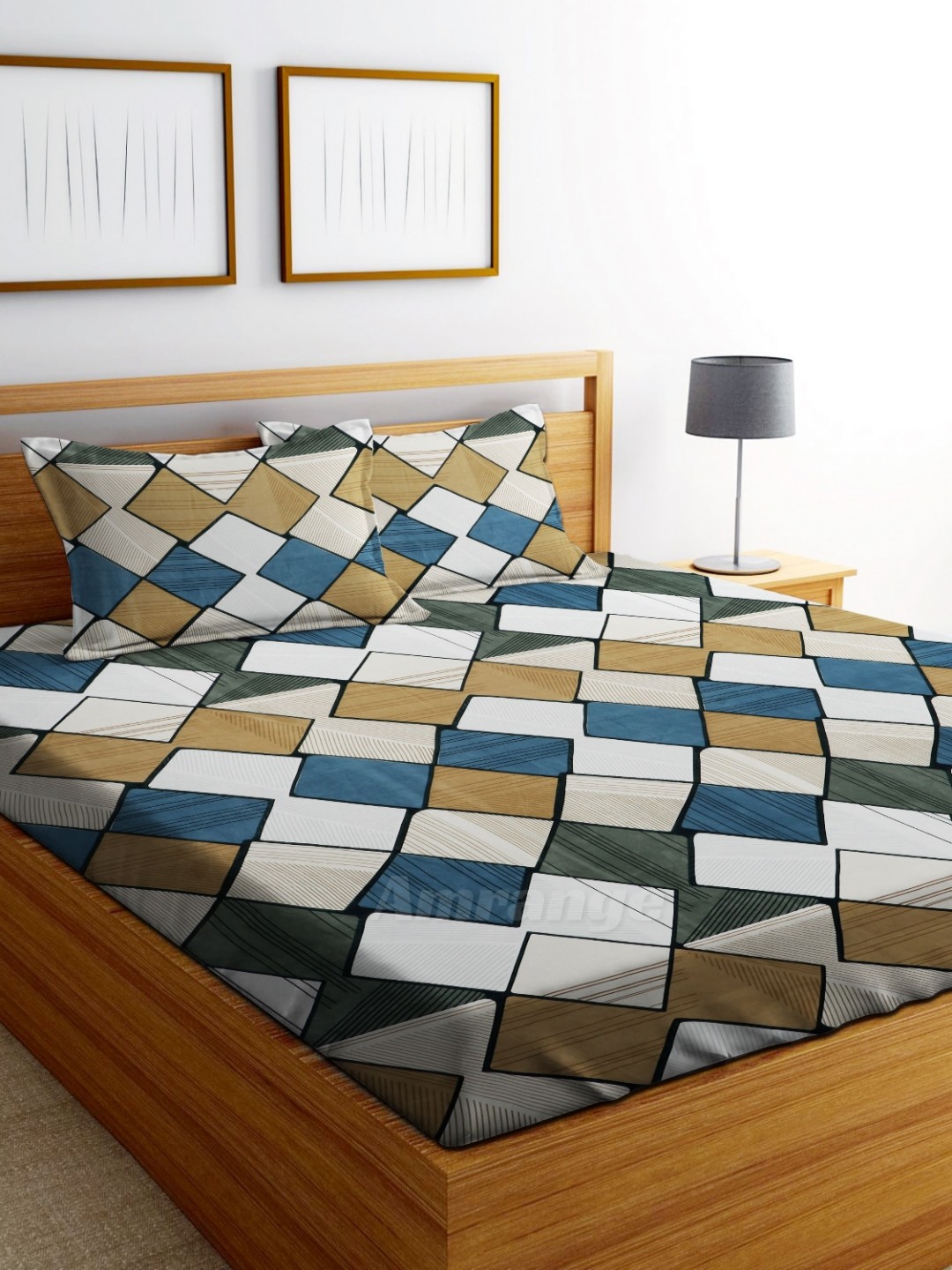 

AMRANGE White & Blue Geometric 250 TC King Bedsheet With 2 Pillow Covers