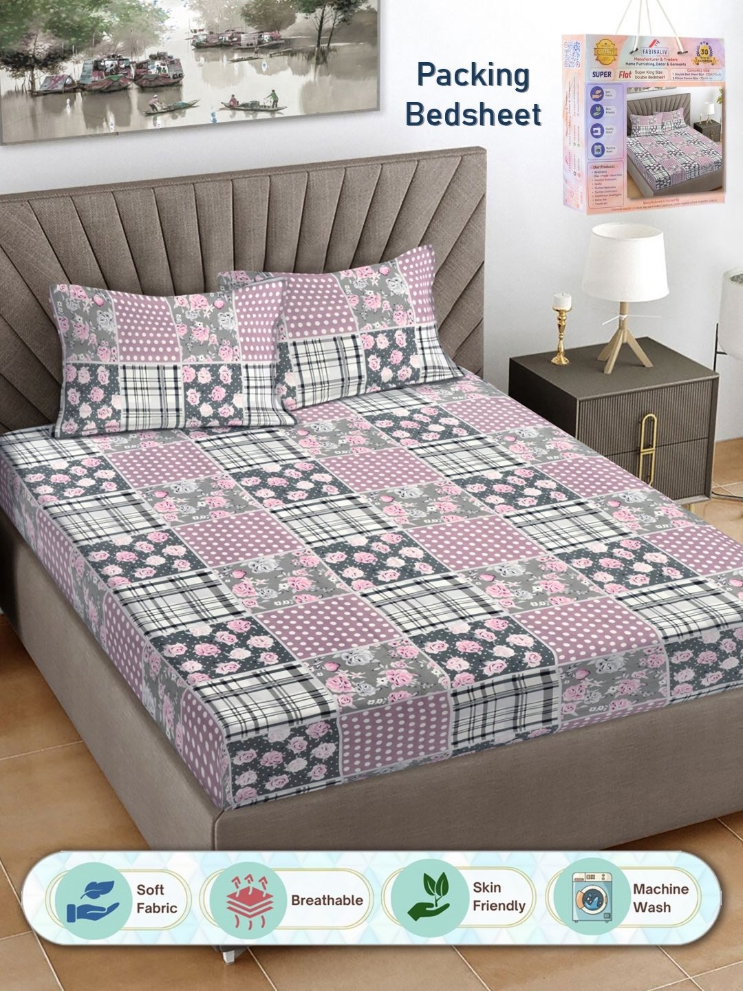 

FABINALIV Pink & Grey Floral 300 TC King Bedsheet With 2 Pillow Covers