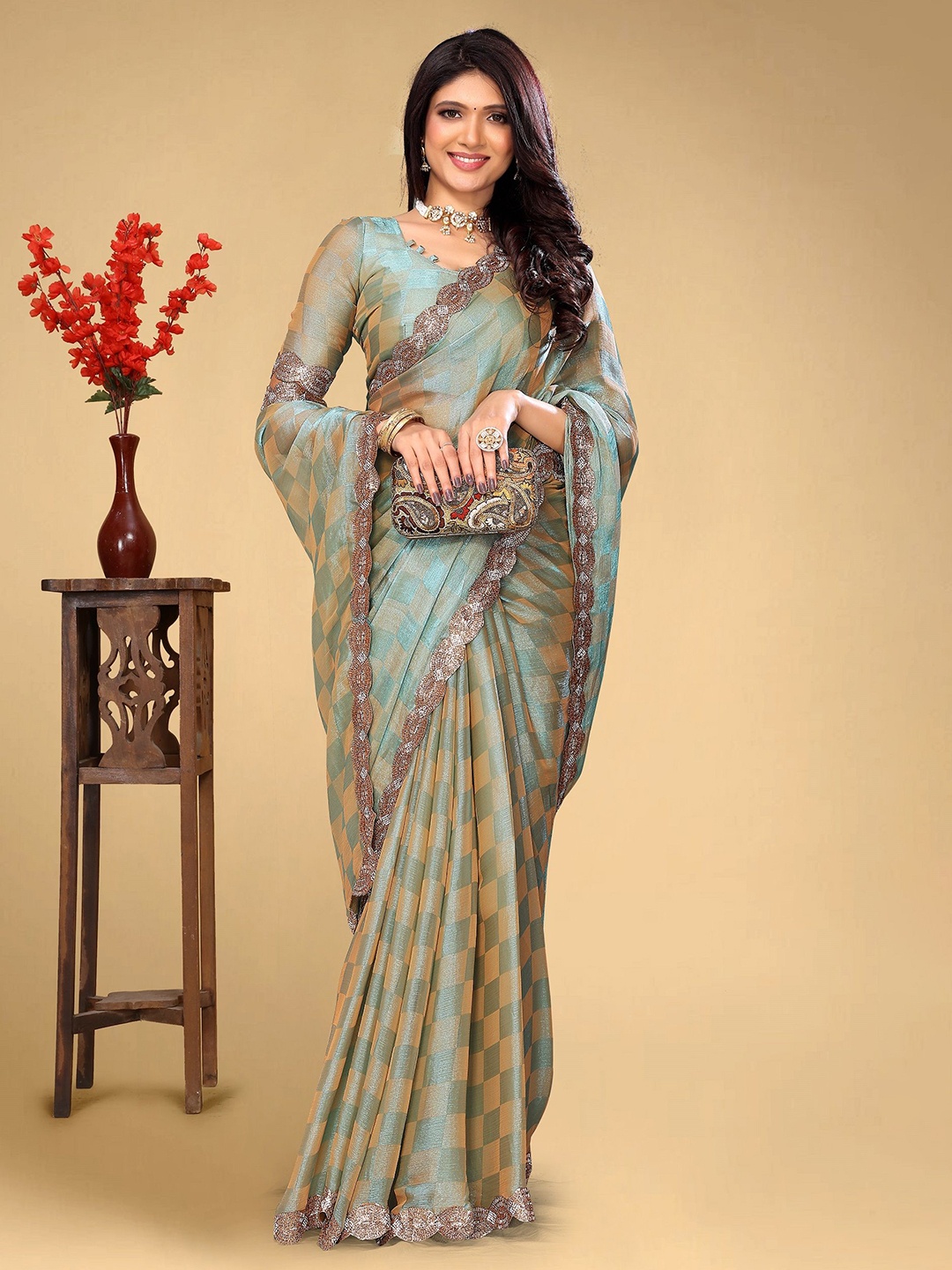 

BAESD Checked Beads and Stones Silk Blend Saree, Green
