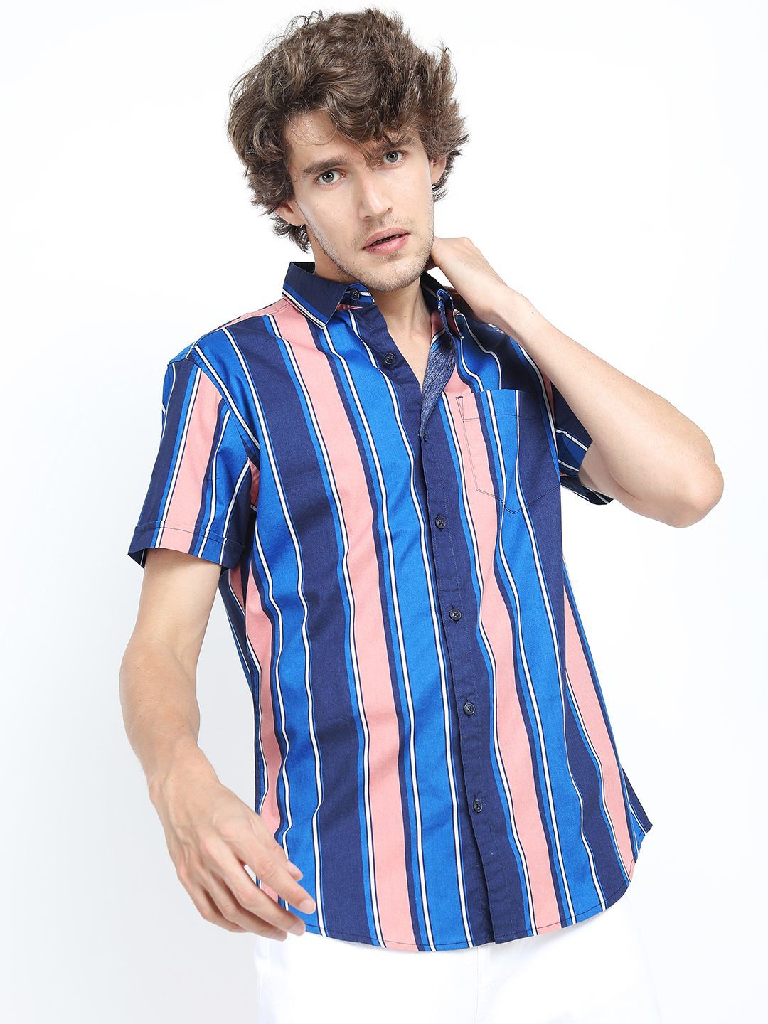 

HIGHLANDER Men Slim Fit Multi Stripes Opaque Striped Casual Shirt, Blue