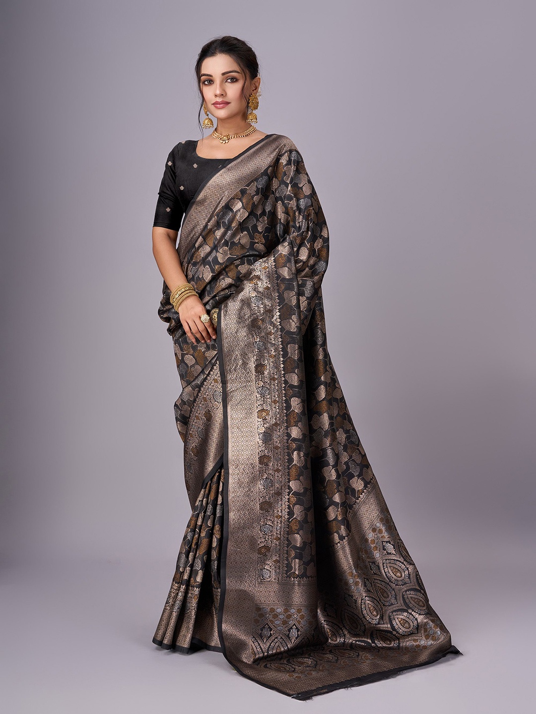 

Sitanjali Ethnic Motifs Zari Jute Silk Kanjeevaram Saree, Black