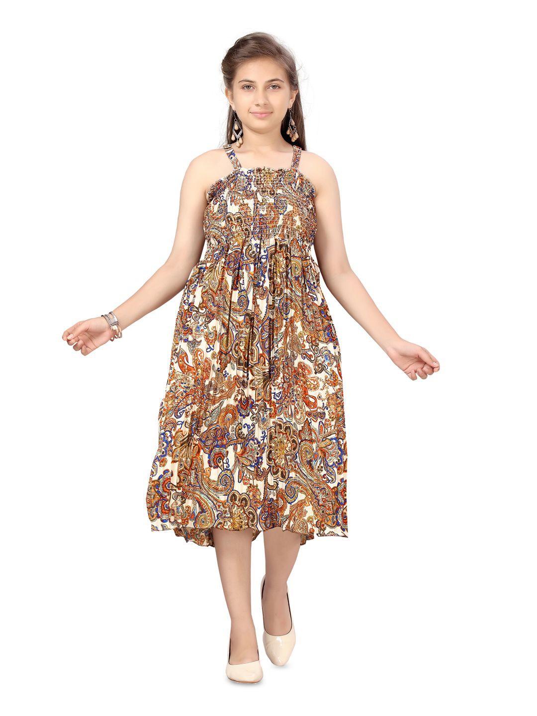 

BAESD Girls Printed A-Line Midi Dress, Brown