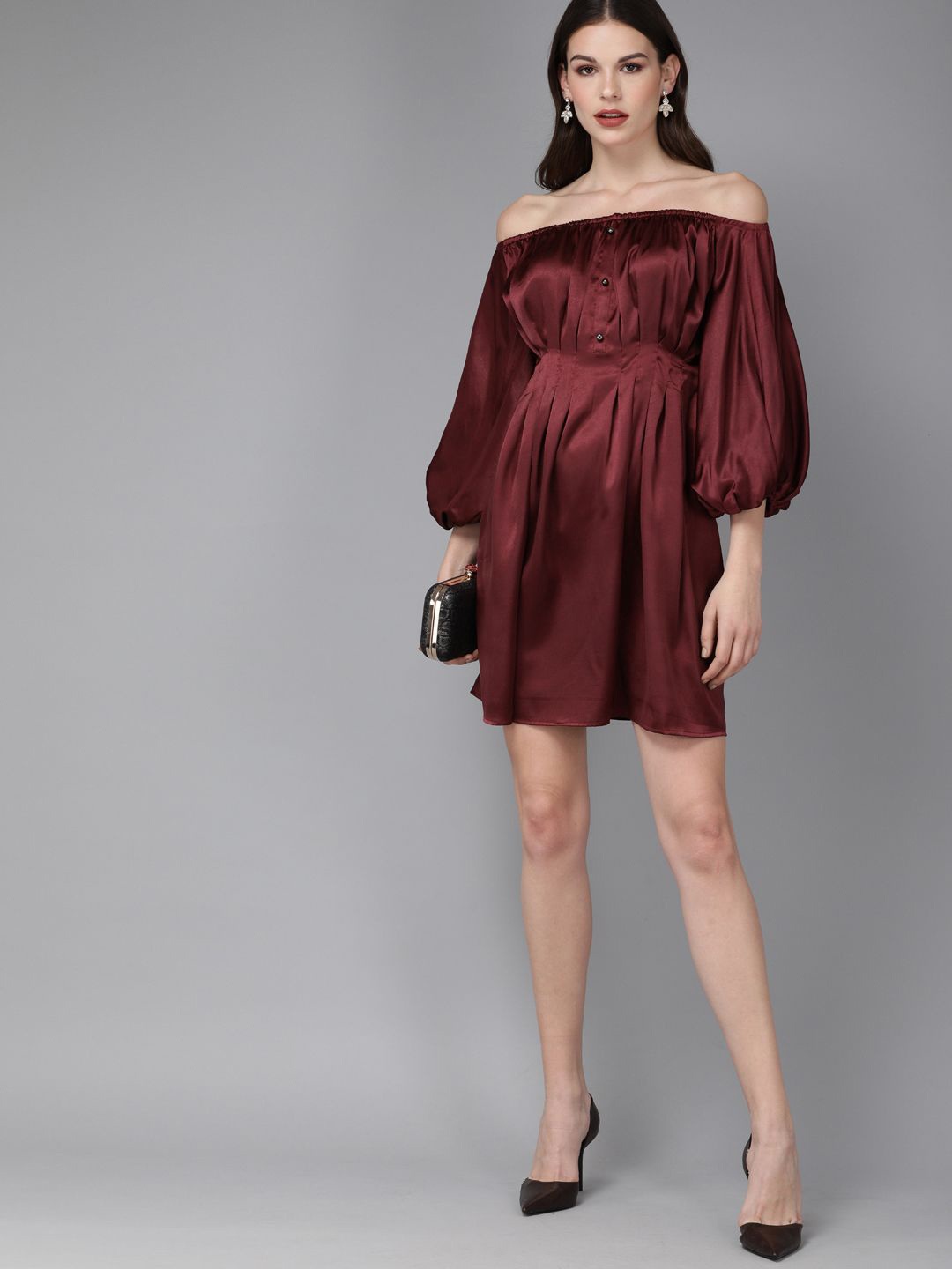 

MISH Off-Shoulder Puff Sleeve Satin A-Line Dress, Burgundy