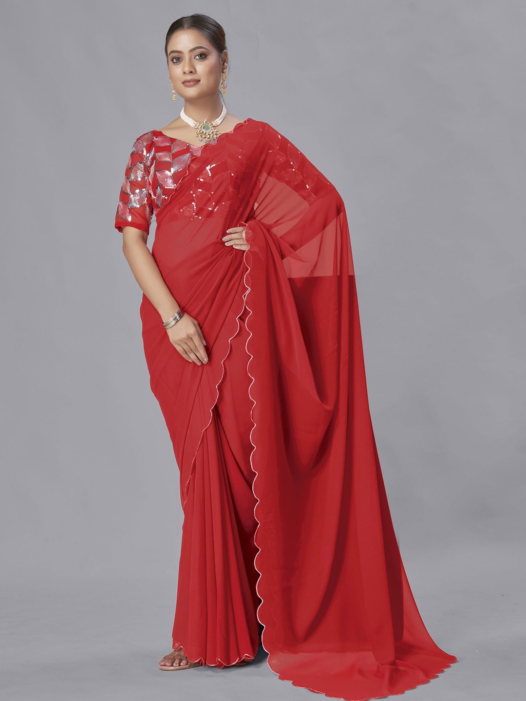 

JULEE Embroidered Pure Georgette Saree, Maroon