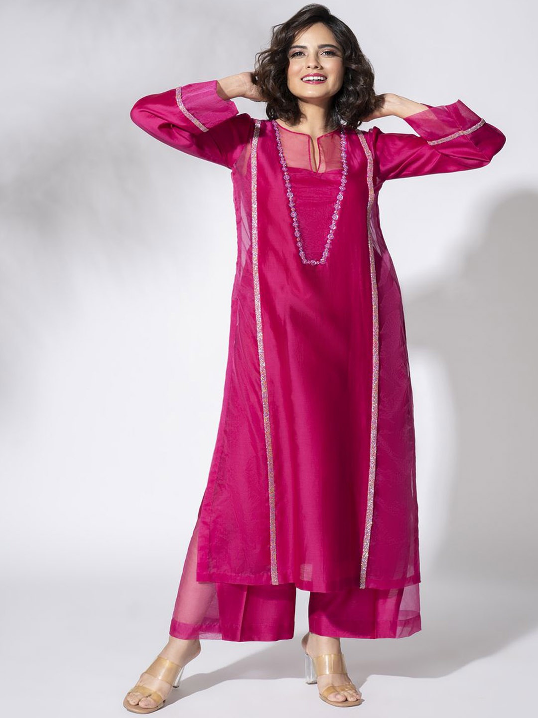 

The Aarya Embroidered Chanderi Cotton Straight Kurta with Palazzos & With Dupatta, Pink