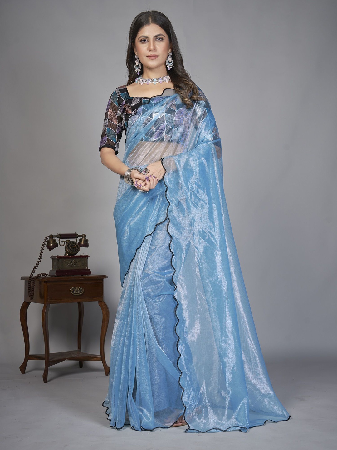 

APNISHA Embroidered Organza Saree, Teal