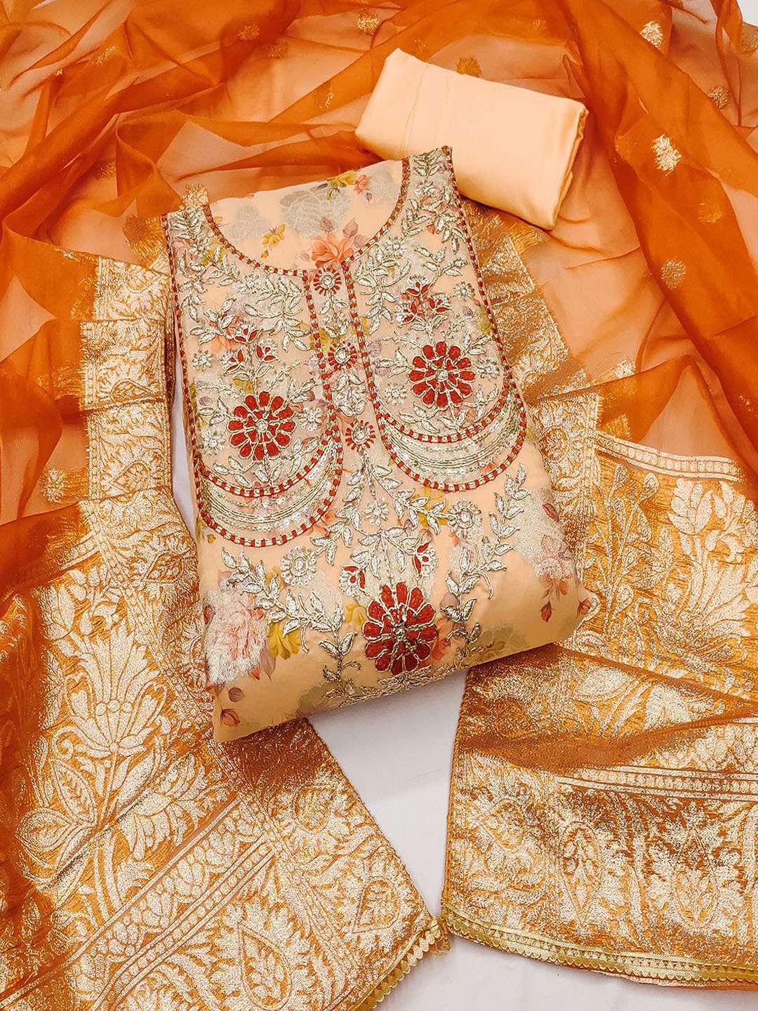 

Lilots Raw Silk Unstitched Dress Material, Peach
