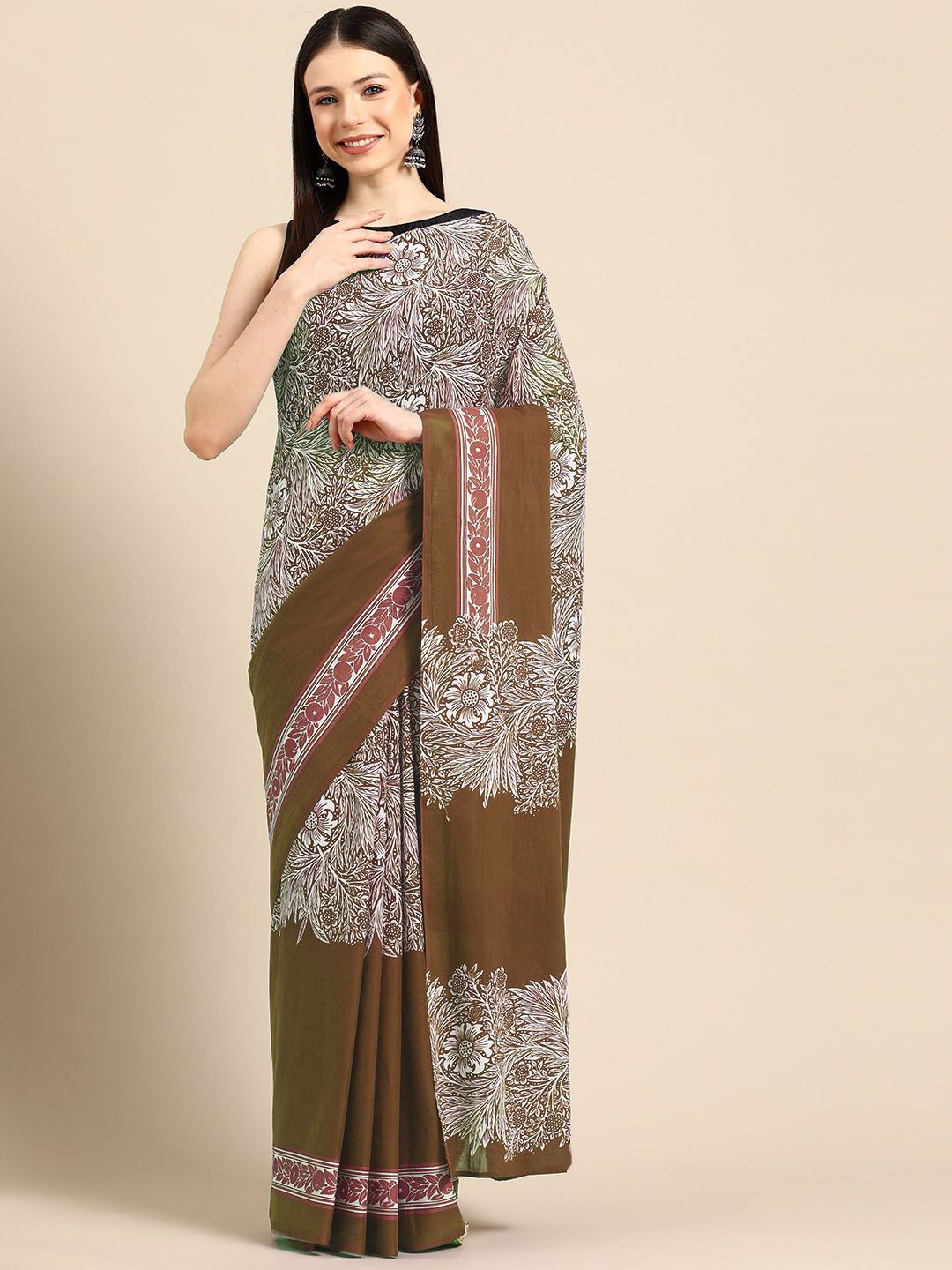 

BUTA BUTI Floral Pure Cotton Saree, Rust